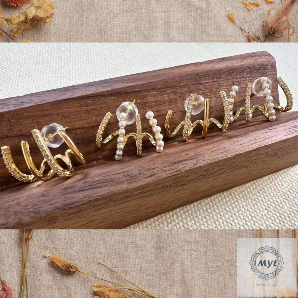 MYL  文青感珍珠層疊三圈耳環 Earring『現貨』925純銀耳針款 長度約:1.5cm 直徑約:2cm 金語層疊款-細節圖6