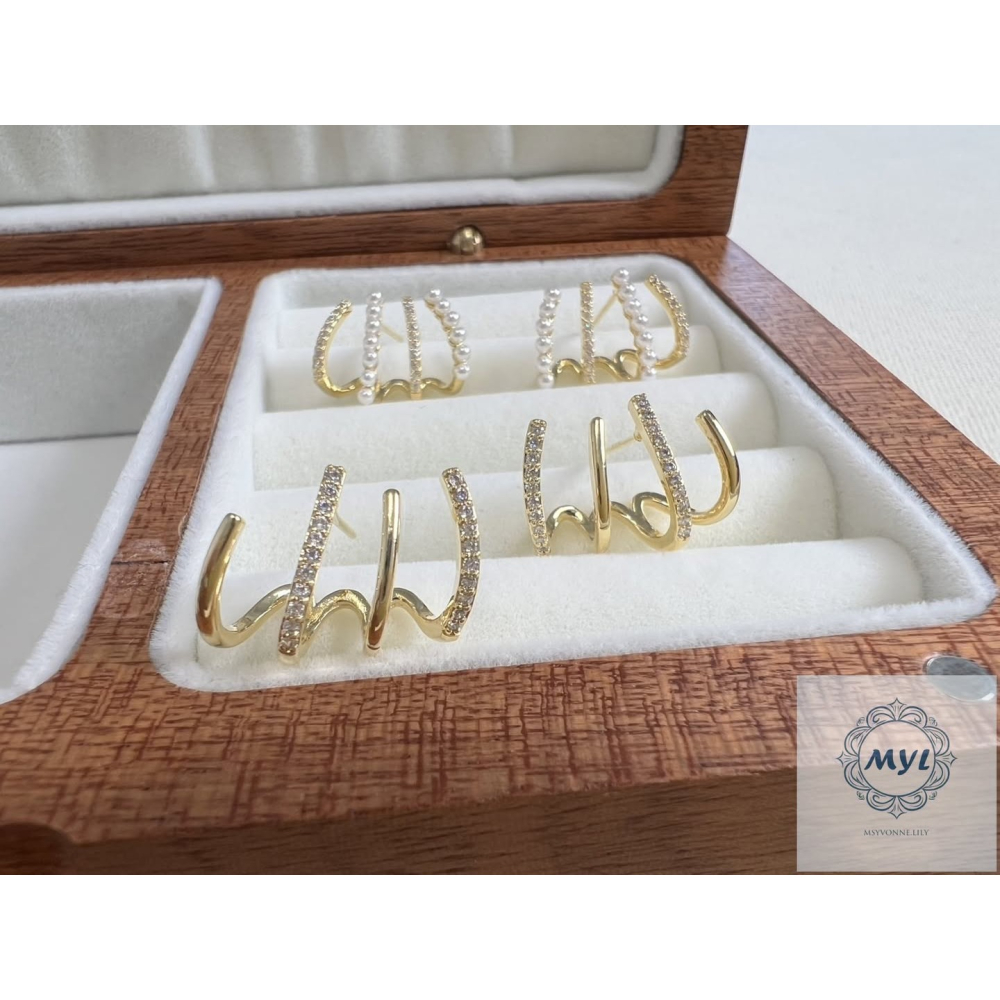 MYL  文青感珍珠層疊三圈耳環 Earring『現貨』925純銀耳針款 長度約:1.5cm 直徑約:2cm 金語層疊款-細節圖7