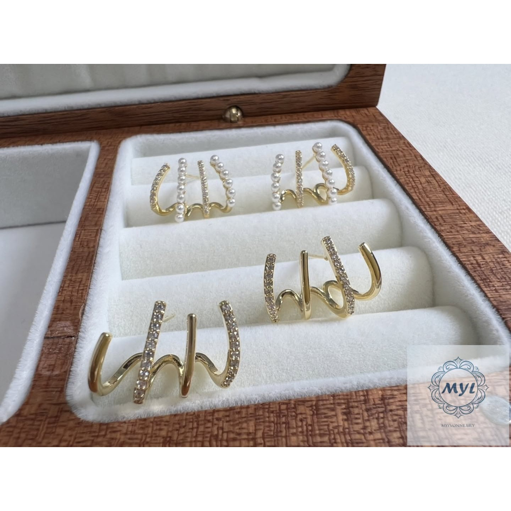 MYL  文青感珍珠層疊三圈耳環 Earring『現貨』925純銀耳針款 長度約:1.5cm 直徑約:2cm 金語層疊款-細節圖8