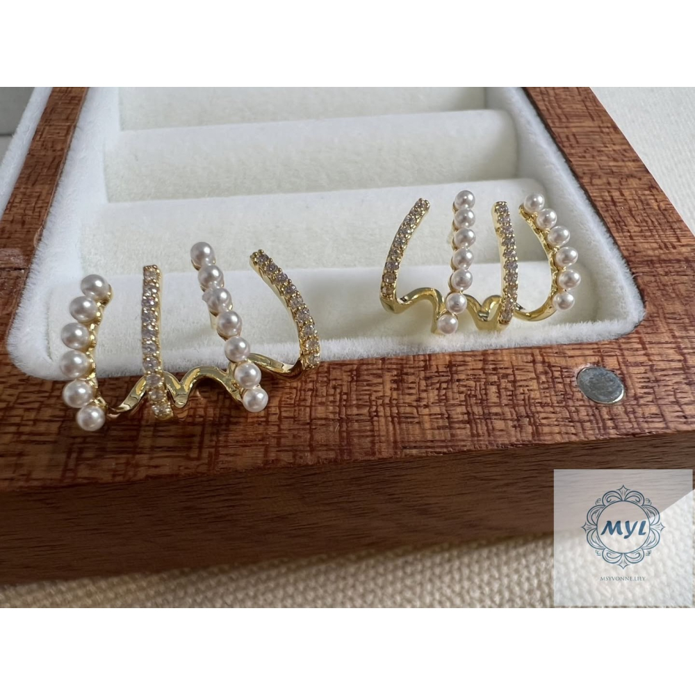 MYL  文青感珍珠層疊三圈耳環 Earring『現貨』925純銀耳針款 長度約:1.5cm 直徑約:2cm 金語層疊款-細節圖9