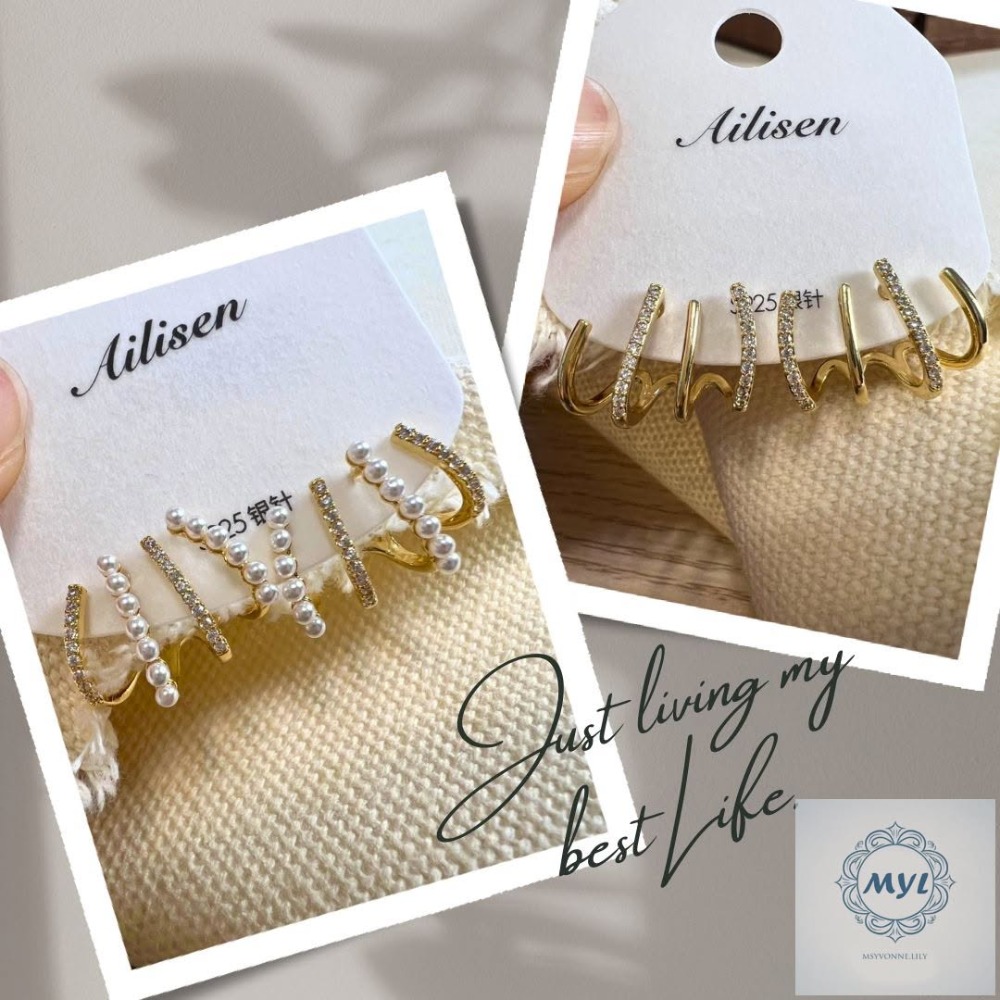 MYL  文青感珍珠層疊三圈耳環 Earring『現貨』925純銀耳針款 長度約:1.5cm 直徑約:2cm 金語層疊款-規格圖10