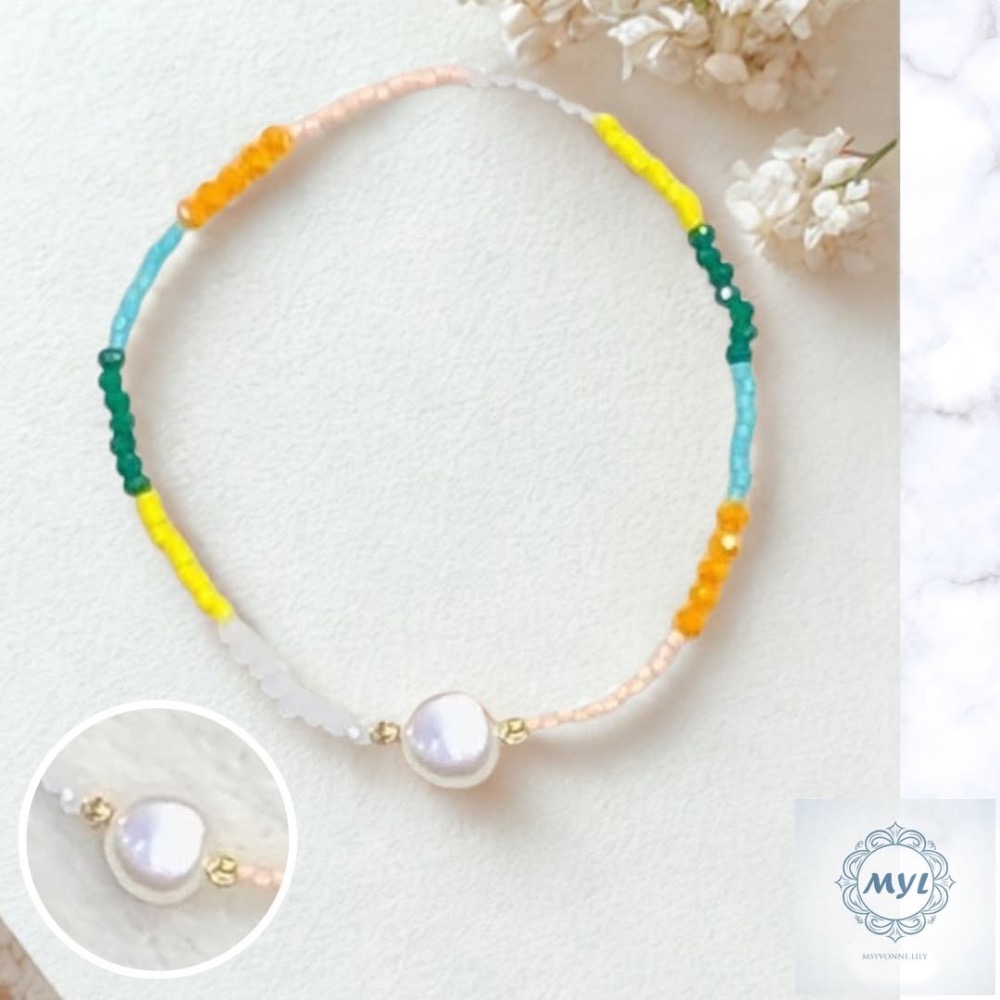 MYL 韓國製造 淡水珍珠 紫偏光 晶鑽彩珠手鍊Bracelet『現貨』圓形直徑約為：6cm 可伸縮調整款{大人小孩可戴-細節圖2