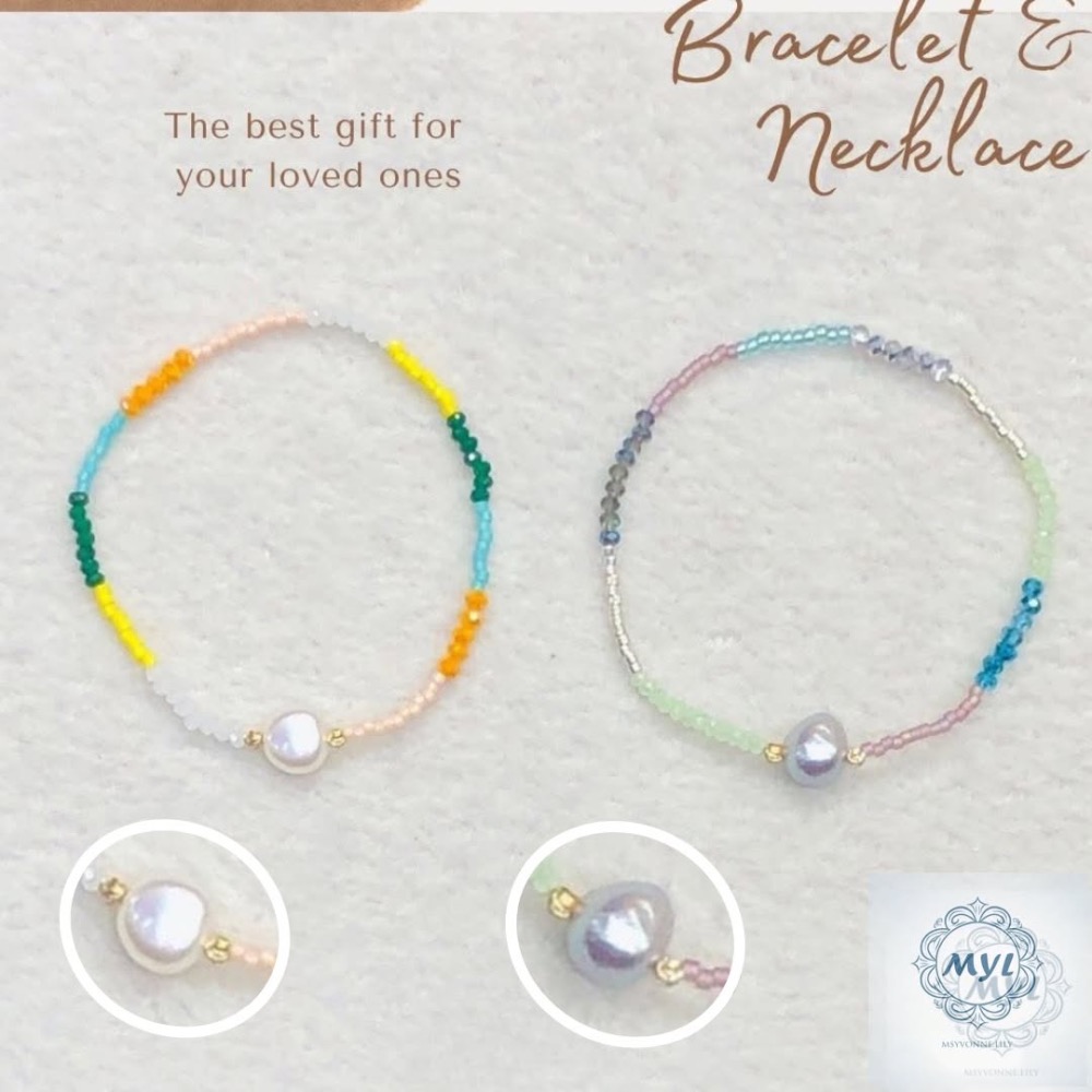 MYL 韓國製造 淡水珍珠 紫偏光 晶鑽彩珠手鍊Bracelet『現貨』圓形直徑約為：6cm 可伸縮調整款{大人小孩可戴-細節圖4
