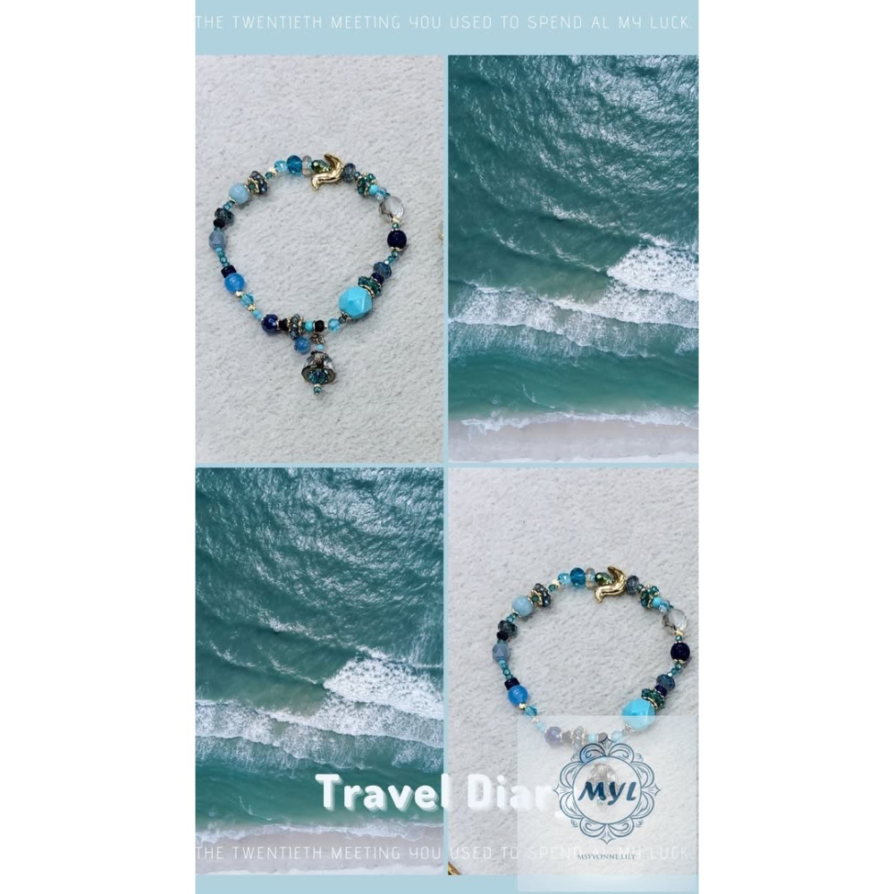 MYL 韓國製造 清涼藍調層次 彩珠手鍊Bracelet『現貨』圓形直徑約為：6.5cm 可伸縮調整款{大人小孩可戴｝-細節圖2