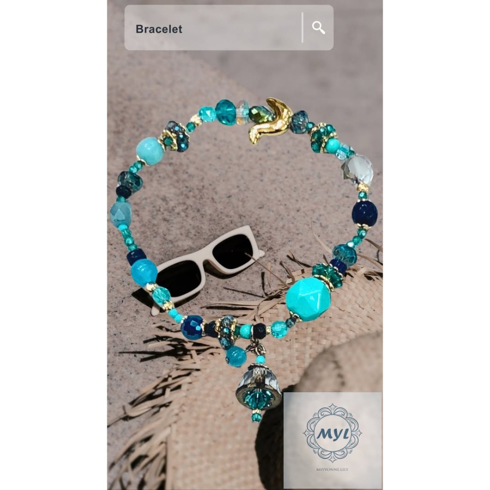 MYL 韓國製造 清涼藍調層次 彩珠手鍊Bracelet『現貨』圓形直徑約為：6.5cm 可伸縮調整款{大人小孩可戴｝-細節圖4