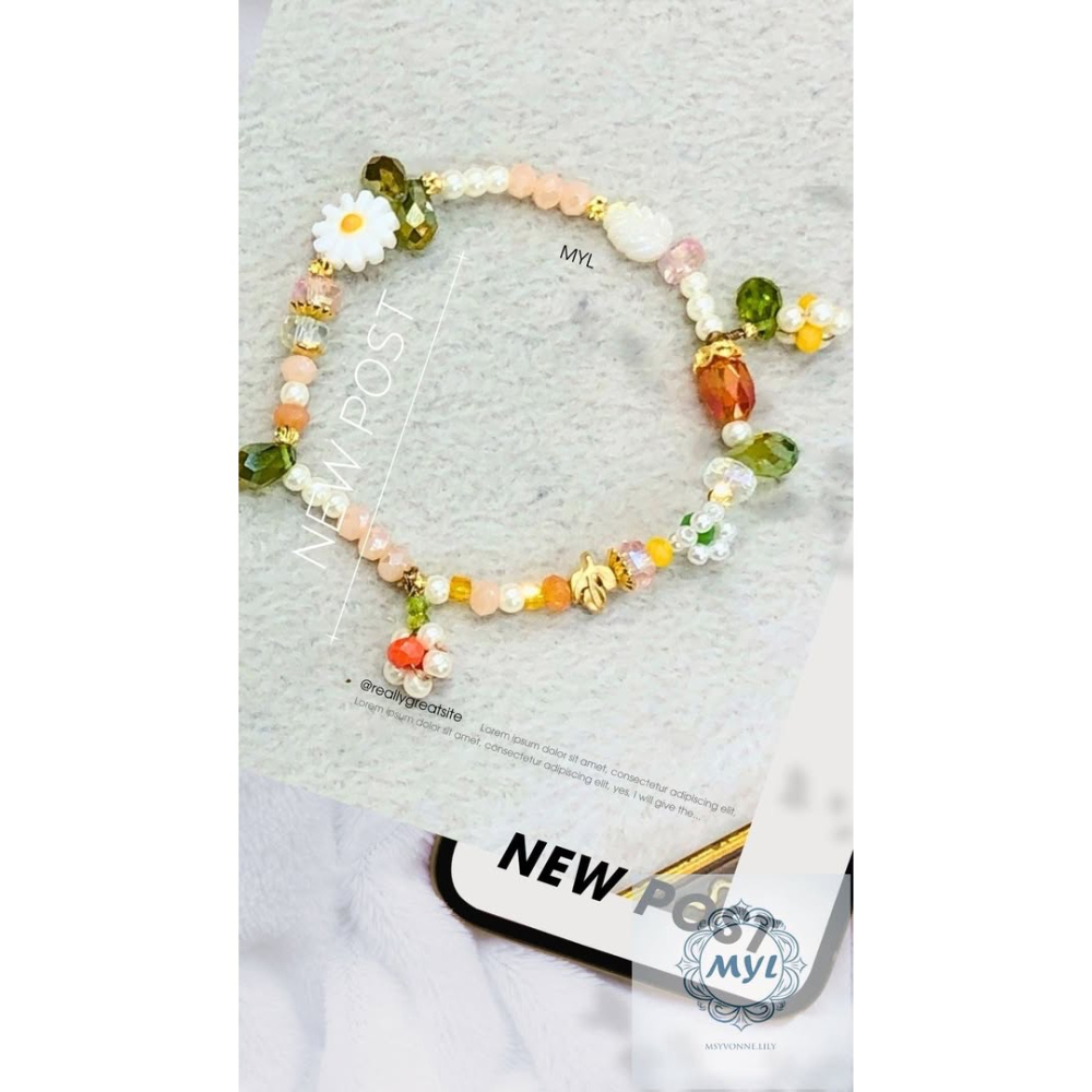 MYL 韓國製造 花草系小珍珠彩珠手鍊Bracelet『現貨』圓形直徑約為：6cm 可伸縮調整款{大人小孩可戴｝春野花語-細節圖2