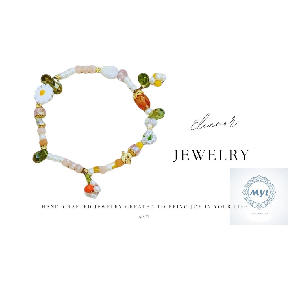 MYL 韓國製造 花草系小珍珠彩珠手鍊Bracelet『現貨』圓形直徑約為：6cm 可伸縮調整款{大人小孩可戴｝春野花語-細節圖3