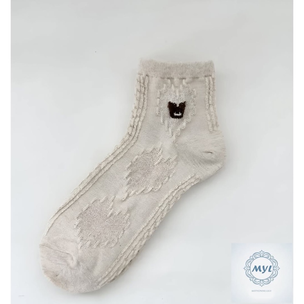 MYL 【韓國正品】純棉小熊刺繡襪 『現貨』 可愛小熊短襪設計款 長度約：23.5cm 刺繡工藝 奶白色｛情侶襪款｝-細節圖2