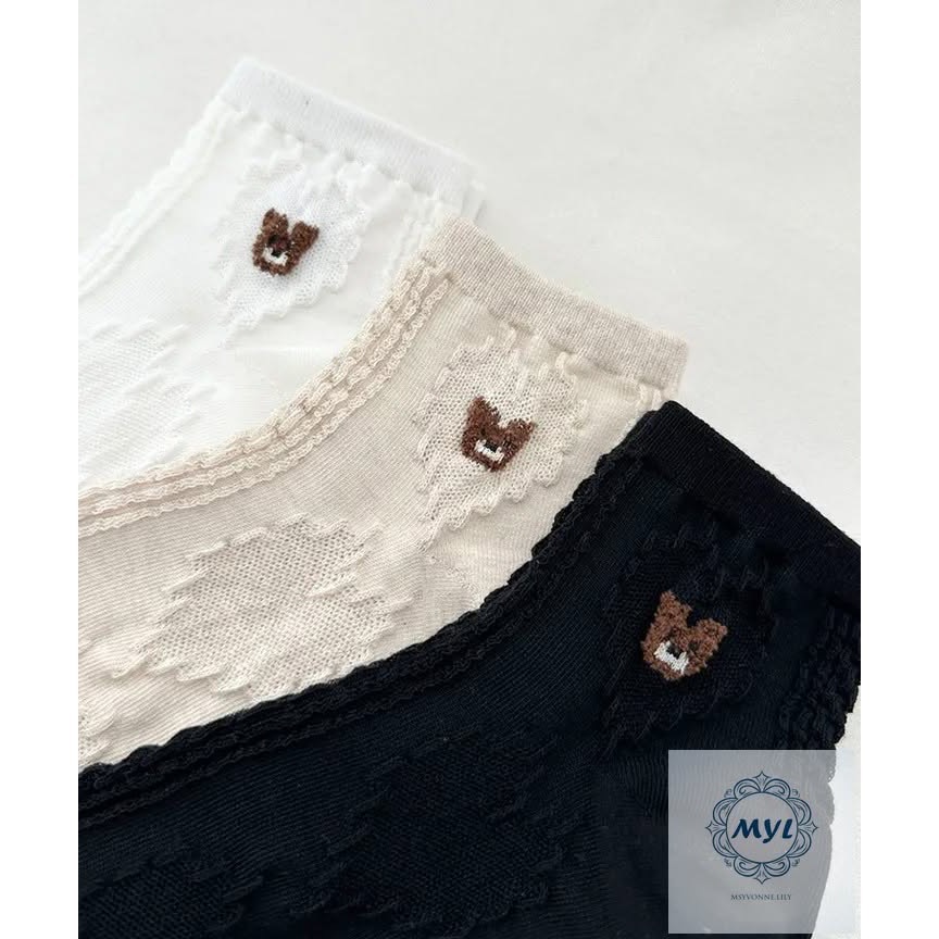 MYL 【韓國正品】純棉小熊刺繡襪 『現貨』 可愛小熊短襪設計款 長度約：23.5cm 刺繡工藝 奶白色｛情侶襪款｝-細節圖5