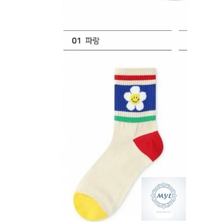 MYL【韓國正品】純棉彩虹花花笑臉襪（中筒襪)『現貨』 療癒系笑臉花朵設計款 長度約：28cm 尺寸：F(22–25cm-細節圖4