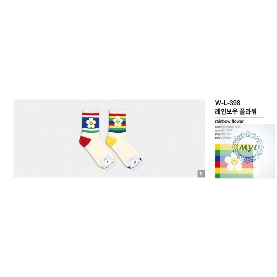 MYL【韓國正品】純棉彩虹花花笑臉襪（中筒襪)『現貨』 療癒系笑臉花朵設計款 長度約：28cm 尺寸：F(22–25cm-細節圖5