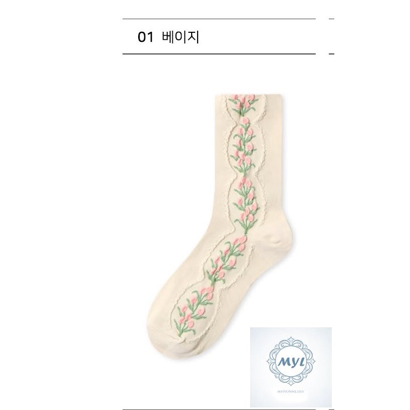 MYL 【韓國正品】純棉粉紅小花藤蔓刺繡（中筒襪）『現貨』 花在腳上開了設計款 長度約：36cm  尺寸：F（22–25-細節圖3