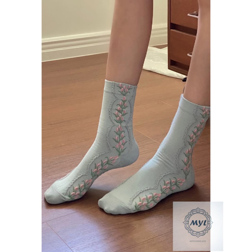 MYL 【韓國正品】純棉粉紅小花藤蔓刺繡（中筒襪）『現貨』 花在腳上開了設計款 長度約：36cm  尺寸：F（22–25-細節圖4