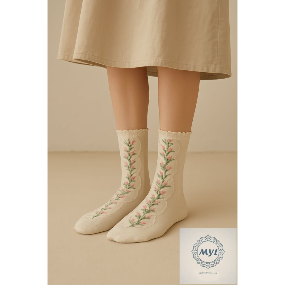 MYL 【韓國正品】純棉粉紅小花藤蔓刺繡（中筒襪）『現貨』 花在腳上開了設計款 長度約：36cm  尺寸：F（22–25-細節圖5