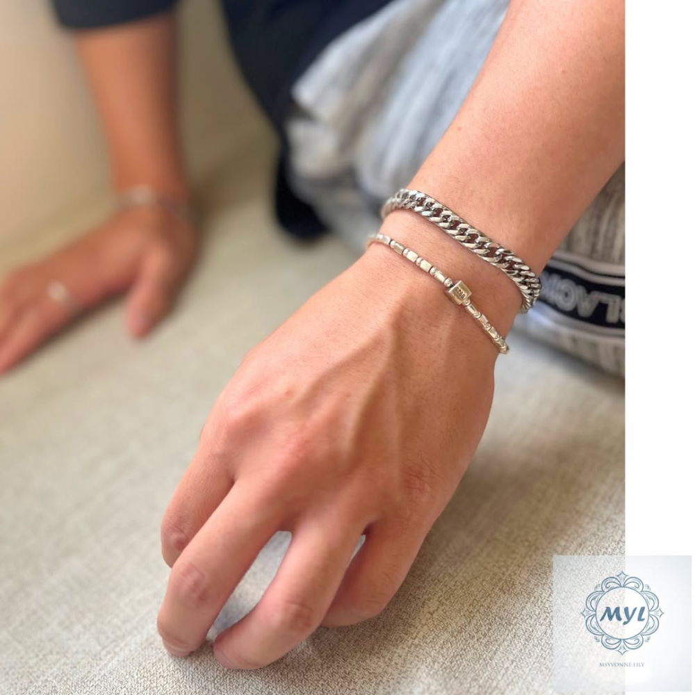 MYL 【韓系極簡】不鏽鋼銀色簡約手鍊 情侶款/古巴鍊 Bracelet 『現貨』長度約為：18.5cm（不含延長鍊）-細節圖5