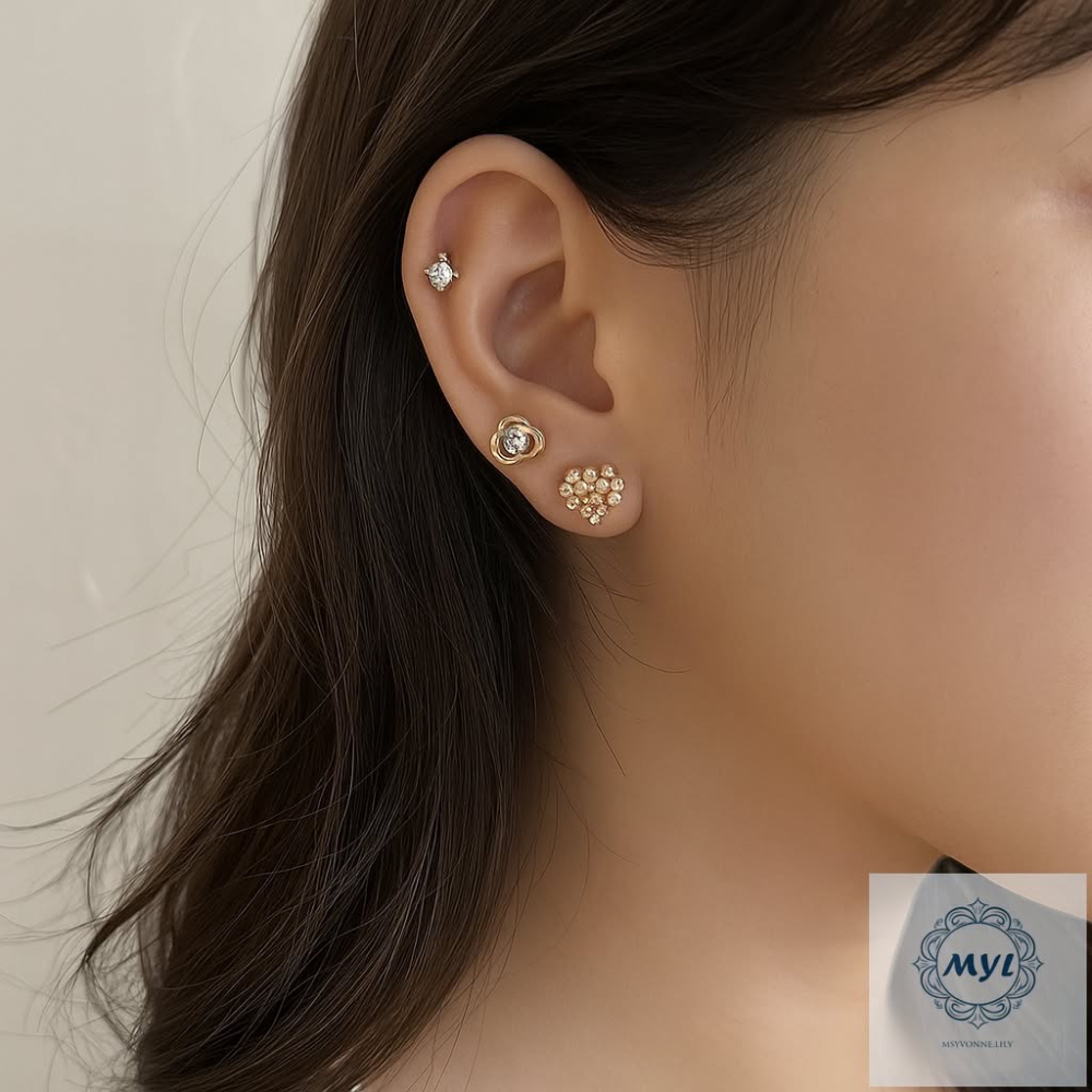 MYL【韓系日常】氣質珍珠鋯石 四入耳環組 Earring『現貨』925純銀耳針款 耳環直徑約:1cm 愛心珍珠花AB款-細節圖2