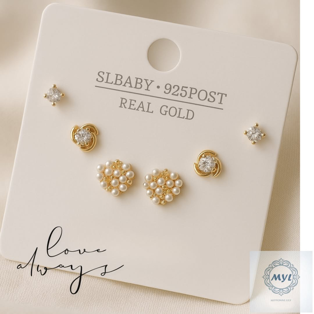 MYL【韓系日常】氣質珍珠鋯石 四入耳環組 Earring『現貨』925純銀耳針款 耳環直徑約:1cm 愛心珍珠花AB款-細節圖3