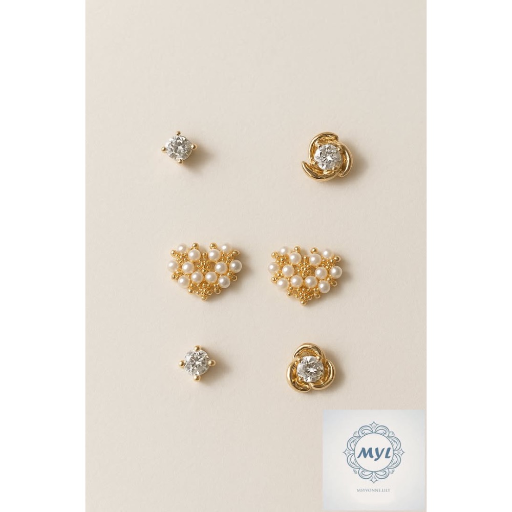MYL【韓系日常】氣質珍珠鋯石 四入耳環組 Earring『現貨』925純銀耳針款 耳環直徑約:1cm 愛心珍珠花AB款-規格圖4