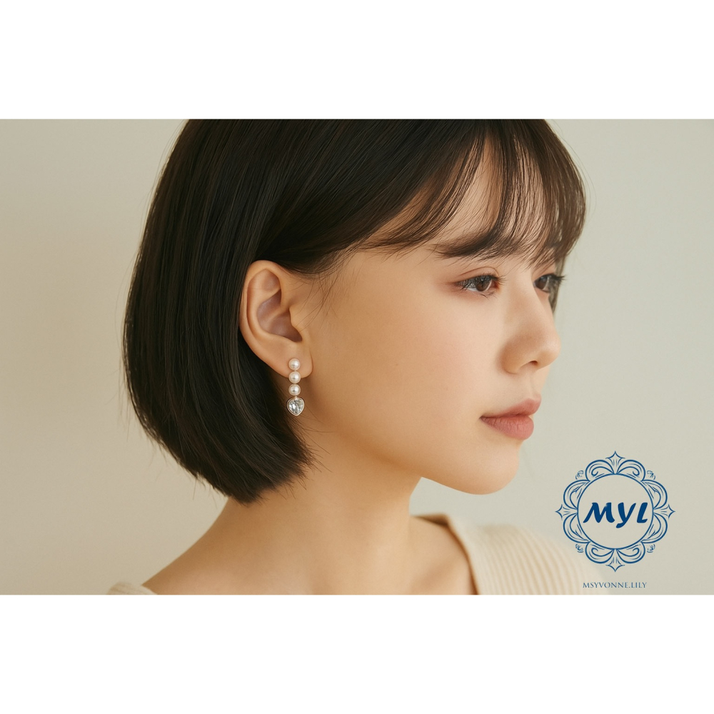 MYL  韓系甜美 珍珠愛心吊墜耳環 Earring『現貨』925純銀耳針款 長度約:2.5cm 愛心鋯石 × 三顆珍珠-細節圖2
