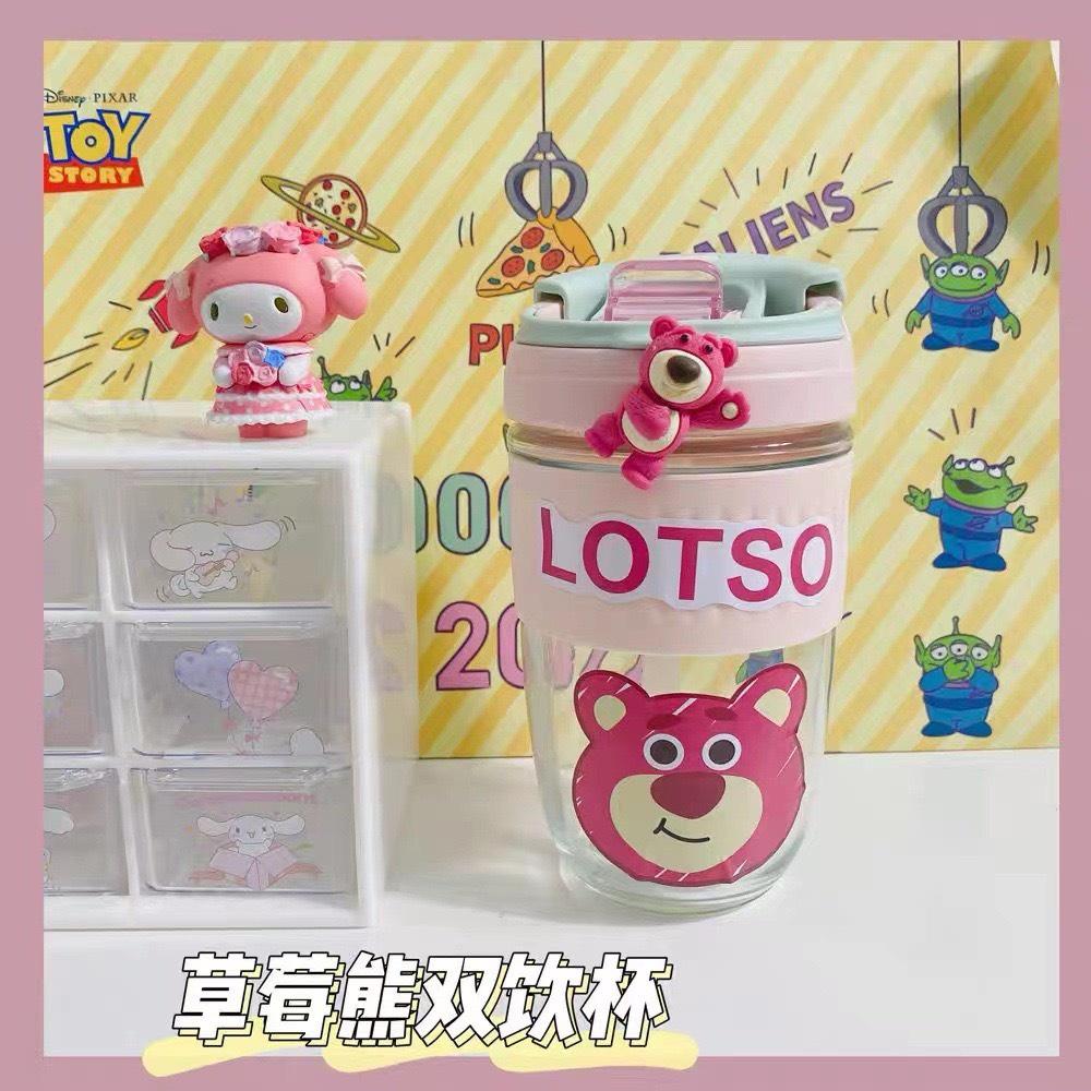 【SS玩具總動員】三眼怪玻璃咖啡杯維尼熊咖啡杯玩具總動員咖啡杯迪士尼水壺迪士尼咖啡杯 草莓熊咖啡杯咖啡杯玻璃雙飲杯帶吸管-細節圖3
