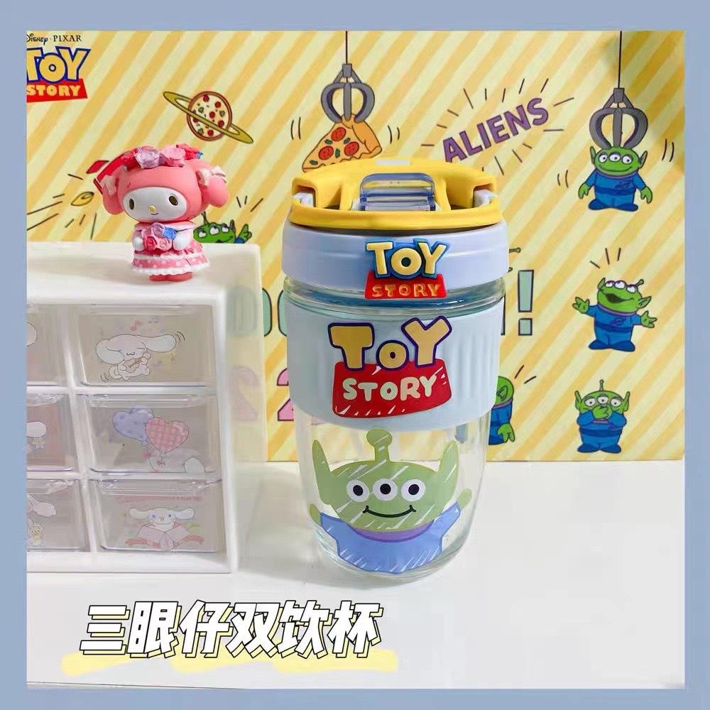 【SS玩具總動員】三眼怪玻璃咖啡杯維尼熊咖啡杯玩具總動員咖啡杯迪士尼水壺迪士尼咖啡杯 草莓熊咖啡杯咖啡杯玻璃雙飲杯帶吸管-細節圖5