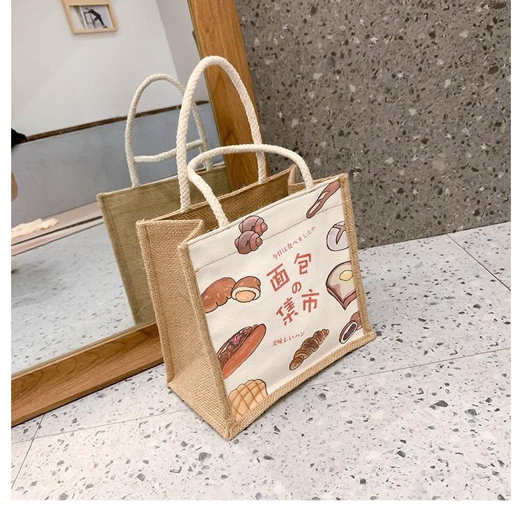 【台灣現貨】原創簡約麻布日韓女手提包包潮卡通文藝零食袋環保便當包亞麻手提袋外出包便當袋環保袋購物袋棉麻小包包小手提午餐袋-細節圖4