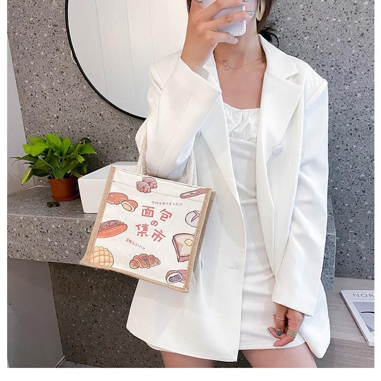 【台灣現貨】原創簡約麻布日韓女手提包包潮卡通文藝零食袋環保便當包亞麻手提袋外出包便當袋環保袋購物袋棉麻小包包小手提午餐袋-細節圖5