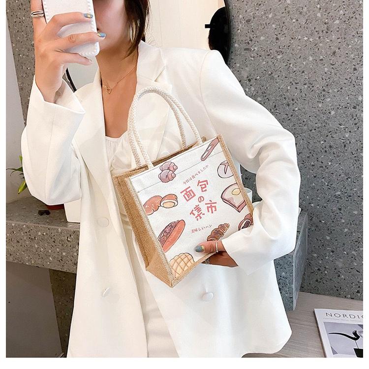 【台灣現貨】原創簡約麻布日韓女手提包包潮卡通文藝零食袋環保便當包亞麻手提袋外出包便當袋環保袋購物袋棉麻小包包小手提午餐袋-細節圖7