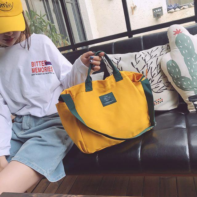 出清特價現貨新款撞色帆布包文藝手提布袋韓版大容量單肩包帆布包斜挎日系ins學生上課書包韓版百搭大容量單肩手提雙肩包-細節圖2