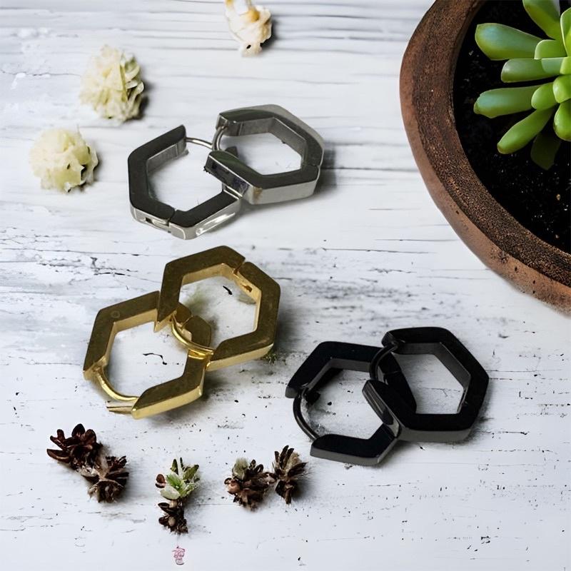 嬉好飾【S.E.＇s HOUSE】 幾何 六邊形 六角形 易扣式耳環 【快速出貨】 現貨 304鋼 細針耳環 歐美風格-細節圖4