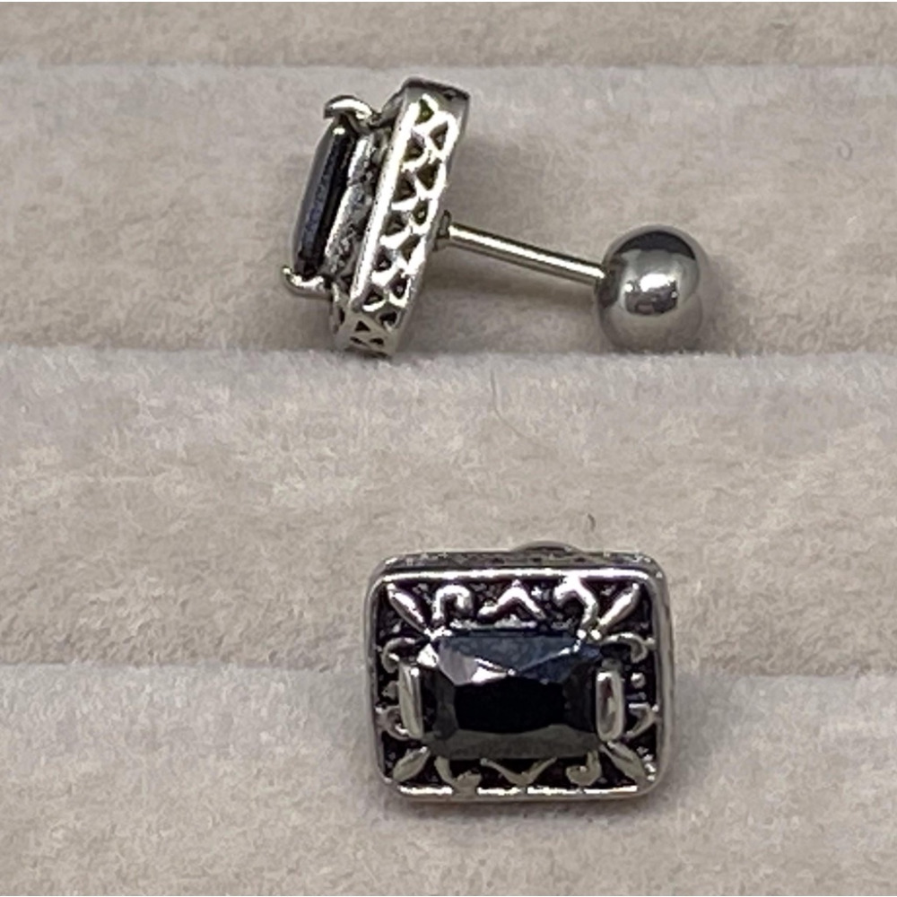 【嬉好飾】台灣製 316 醫療鋼 個性 黑色 歐洲鑽  支架滾花邊  後扣圓珠式鎖式 耳針 耳環-細節圖6