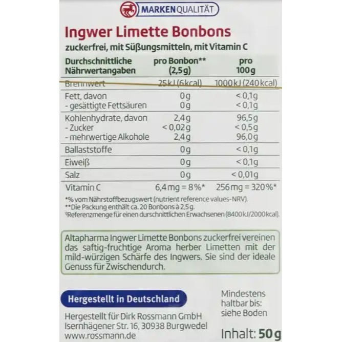 Altapharma 無糖薑汁青檸糖 - 添加維他命C (有效期:2027.4)-細節圖2