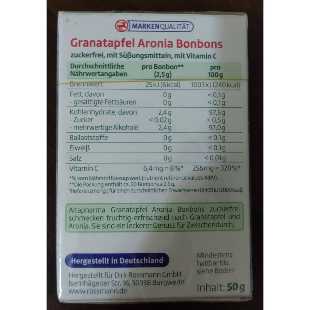 Altapharma 石榴Granatapfel 野櫻莓糖Aronia - 無糖添加維他命C(有效期:2026.11)-細節圖2