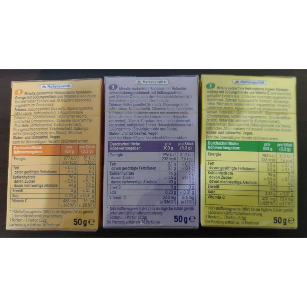 德國DM Mivolis 無糖 維他命C喉糖(口味: 橙子/接骨木黑加侖/檸檬薑)-細節圖2