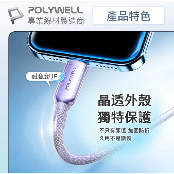 POLYWELL Type-C 60W晶透PD編織快充線 果凍外殼 適用i15以上手機 安卓 平板 編織快充線-細節圖6