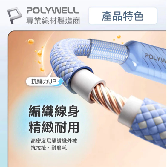POLYWELL Type-C 60W晶透PD編織快充線 果凍外殼 適用i15以上手機 安卓 平板 編織快充線-細節圖7