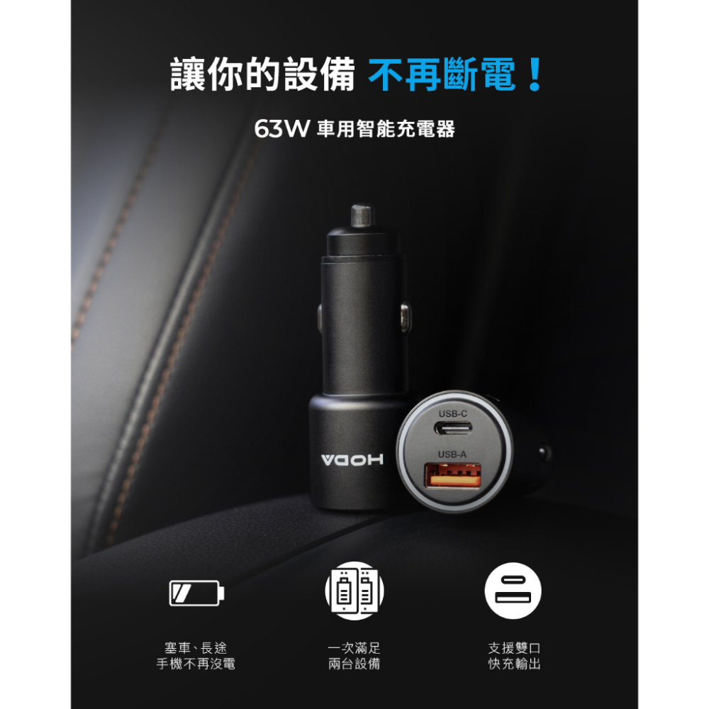 HODA 63W 雙孔 車載充電器 USB-C USB-A 車用 PD快充-細節圖3