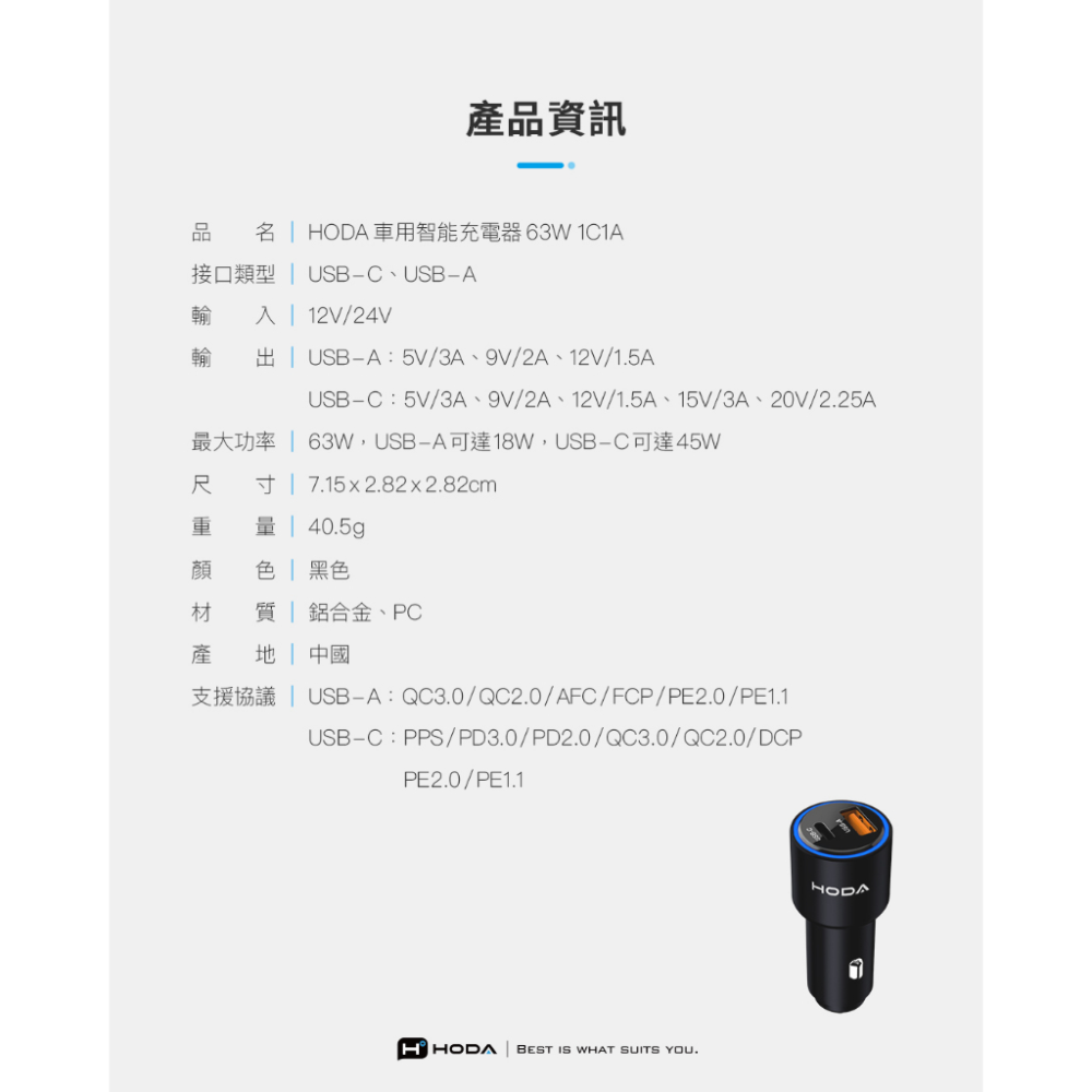HODA 63W 雙孔 車載充電器 USB-C USB-A 車用 PD快充-細節圖9