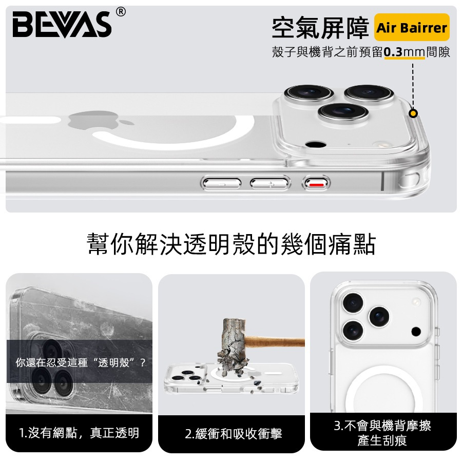 BEVAS 晶盾磁吸軍規防摔殼 Magsafe iPhone 17 Pro Max 全包加厚四角氣囊手機殼 透明殼-細節圖3