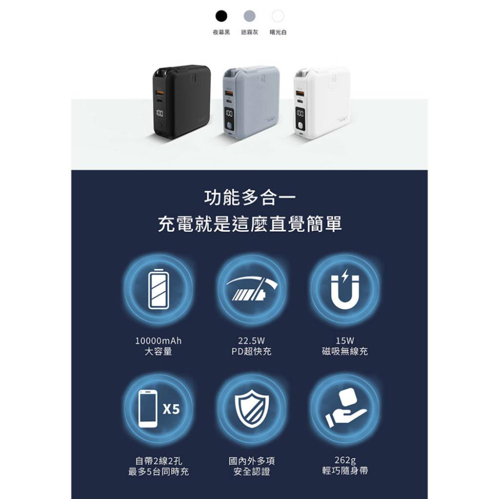 【可帶上飛機】LaPO 二代磁吸無線行動電源 10000mAh 支援快充 PD QC 自帶線 iPhone 安卓-細節圖3