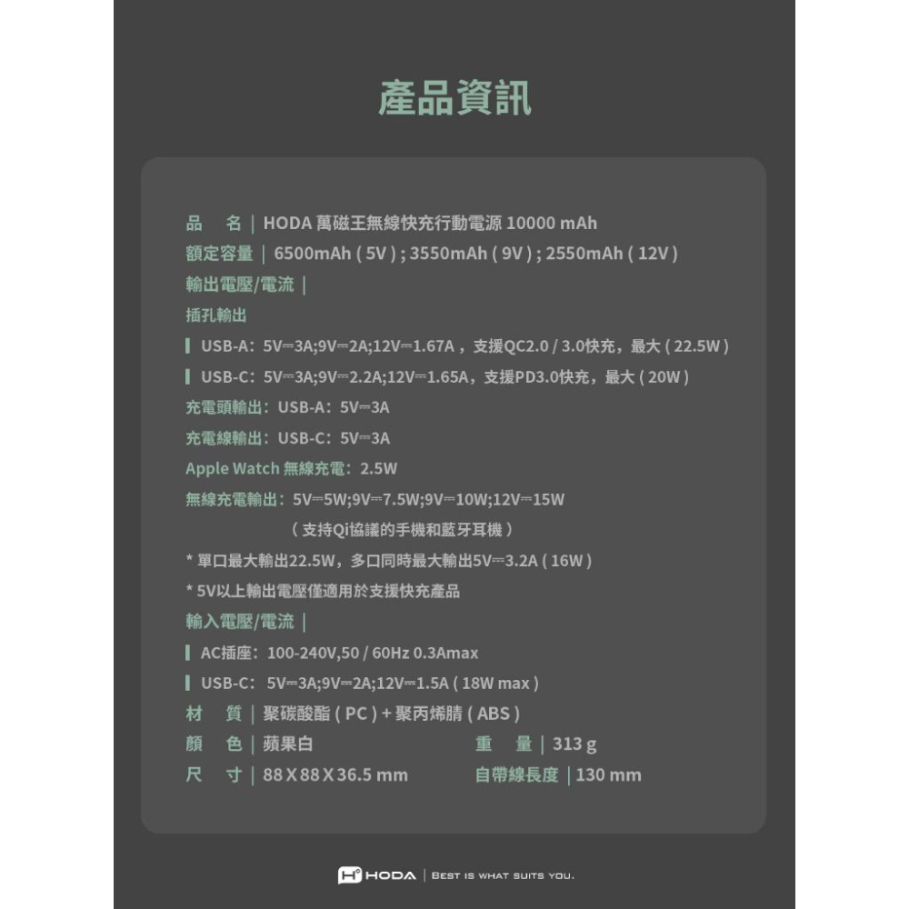 HODA 10000mAh 萬磁王無線快充行動電源-細節圖9