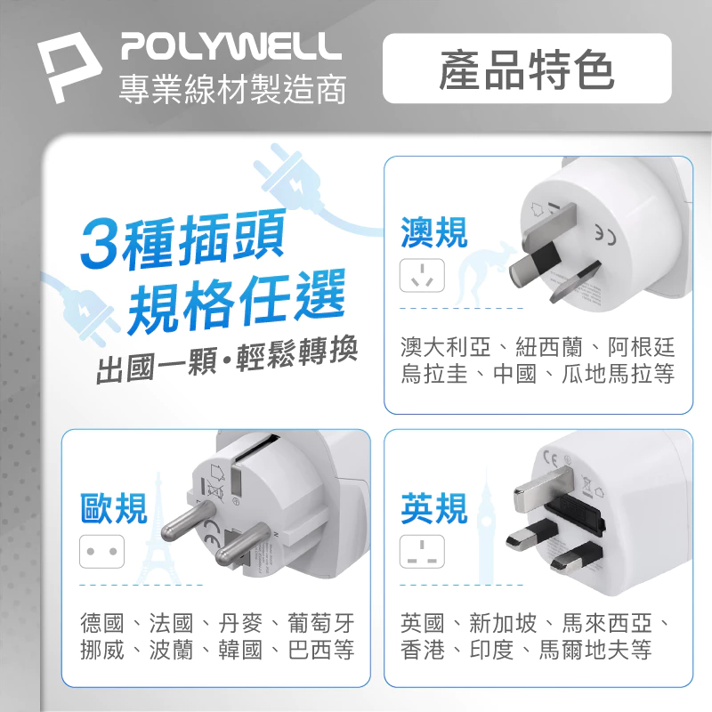 POLYWELL 多國轉接插頭 萬國旅行轉接頭 澳規 英規 歐規 插頭轉接 出國旅行必備 寶利威爾-細節圖4