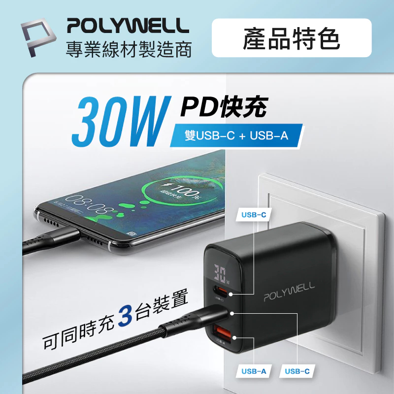 POLYWELL 30W三孔PD快充頭 雙USB-C+USB-A 數位顯示充電器 BSMI認證 寶利威爾 台灣現貨-細節圖3