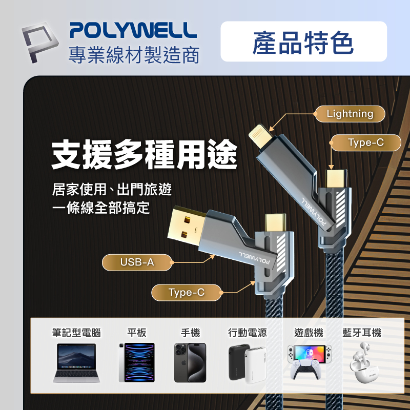 POLYWELL 四合一機甲PD編織快充線 USB+C+Lightning 適用蘋果 i15 安卓 寶利威爾 台灣現貨-細節圖3