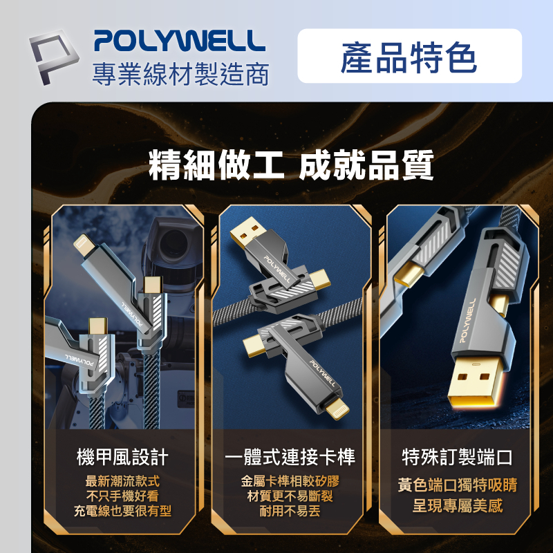 POLYWELL 四合一機甲PD編織快充線 USB+C+Lightning 適用蘋果 i15 安卓 寶利威爾 台灣現貨-細節圖8
