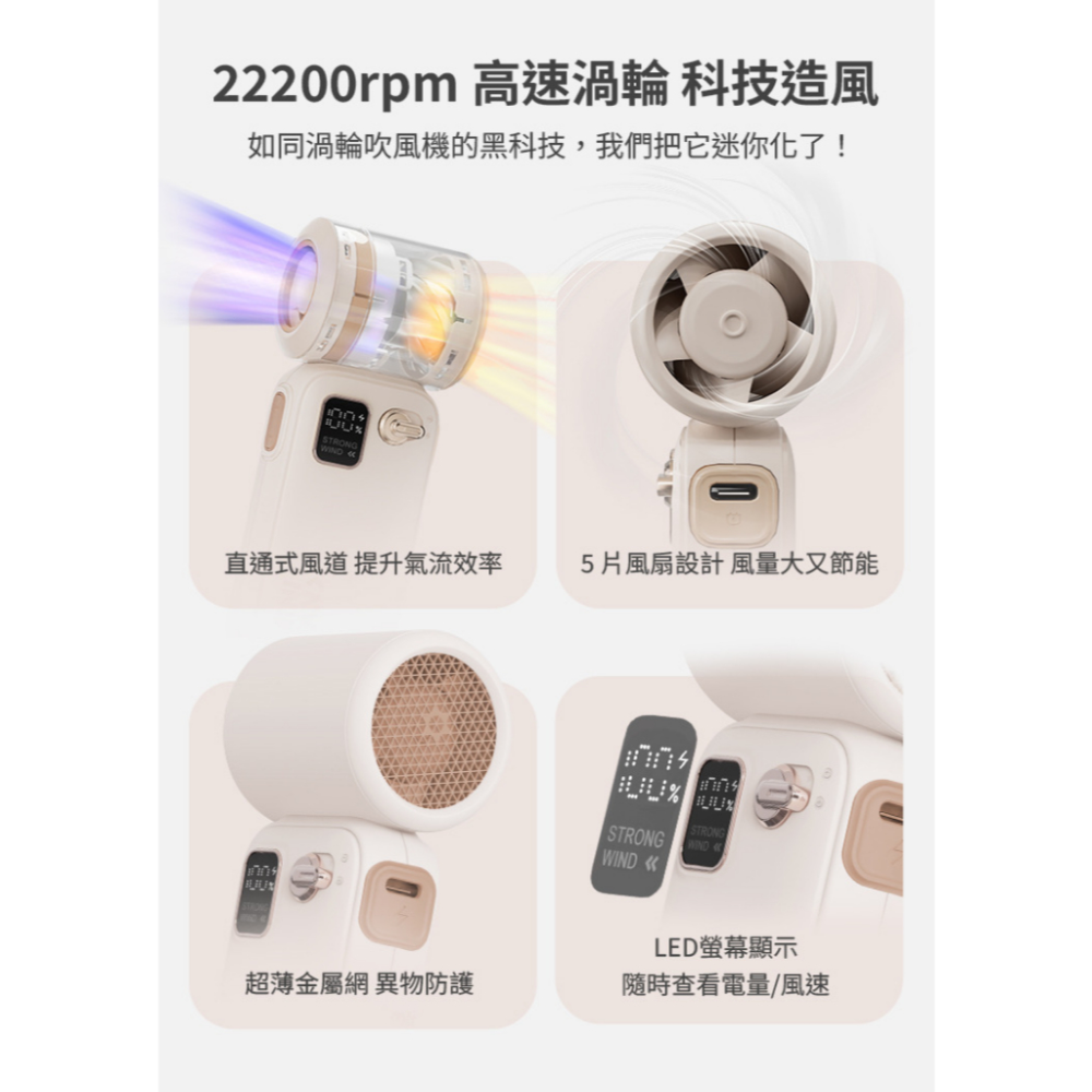 LaPO 迷你渦輪隨身高速風扇 13cm 極輕158克 日本松下電芯 5100mAh 電量顯示 百段風速 LF-02-細節圖4