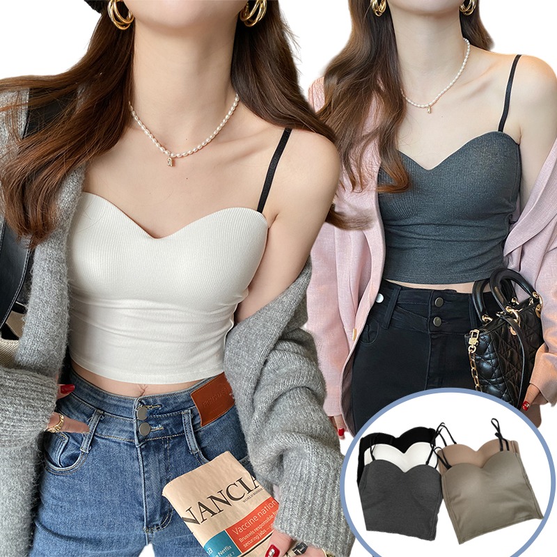 短版上衣 細肩帶胸墊 小可愛 bra top 背心女 吊帶罩杯背心 上衣短袖 女裝衣服 內衣 無袖背心 小背心 短版背心-細節圖2