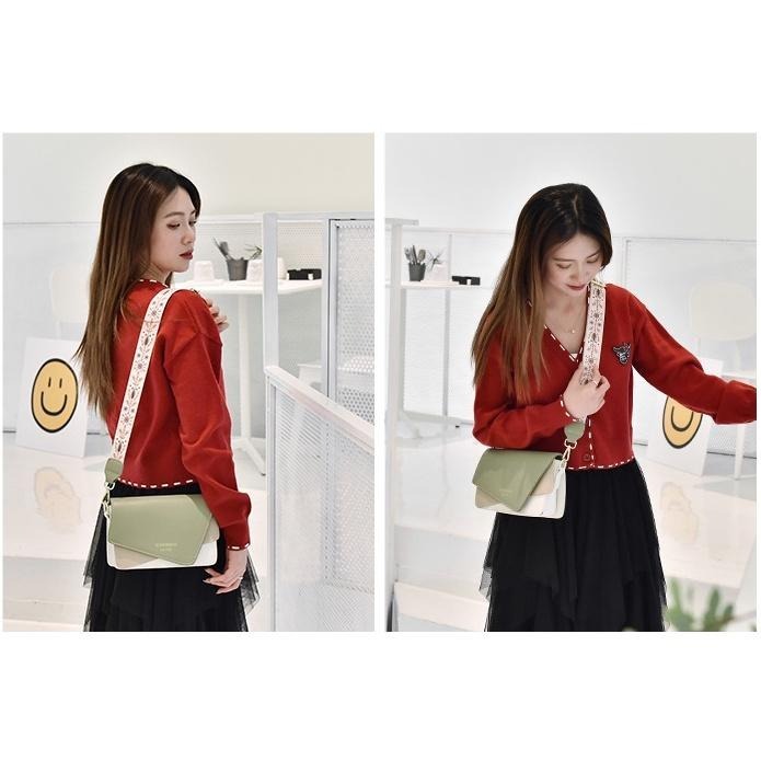 韓版包百搭拼接包 側背包時尚撞色翻蓋方包 寬背帶字母單肩斜跨包 方包 女雙色包2023 小廢包 小方包單肩包生日禮物-細節圖2