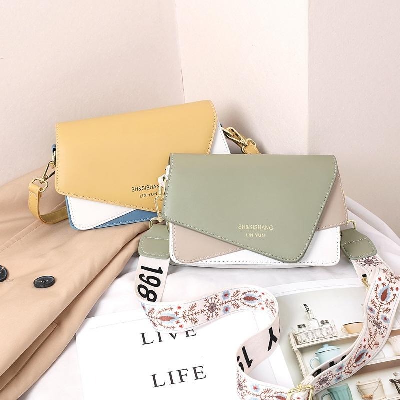 韓版包百搭拼接包 側背包時尚撞色翻蓋方包 寬背帶字母單肩斜跨包 方包 女雙色包2023 小廢包 小方包單肩包生日禮物-細節圖4