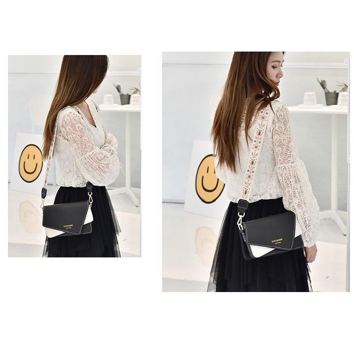 韓版包百搭拼接包 側背包時尚撞色翻蓋方包 寬背帶字母單肩斜跨包 方包 女雙色包2023 小廢包 小方包單肩包生日禮物-細節圖8